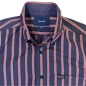 Faconnable Men's Shirt with Navy and Red Stripes - Size Small